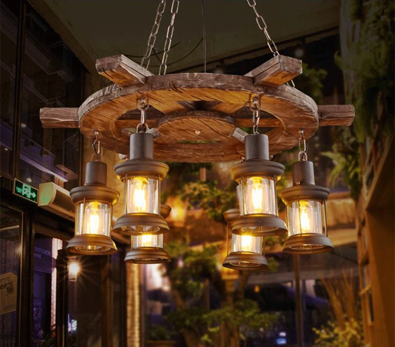 Nordic Industrial Style Interior Decoration Wooden Wrought Iron LED Lighting Chandelier
