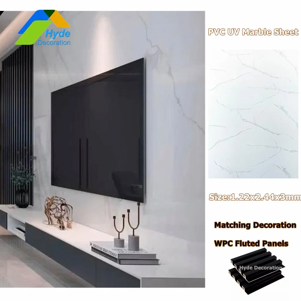 1.22X2.44m Thickness 3mm Interior Decoration Wall Panel 3D Waterproof High Glossy UV Coating PVC Marble Sheet for United Arab Emirates Oman Saudi Arabia