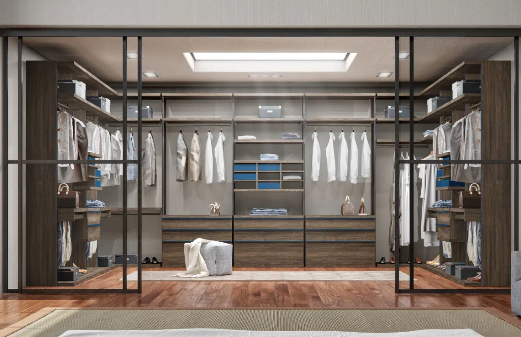 PA Factory Supply Luxury Wood Wardrobe Aluminum Frame Glass Hinge Door Walk in Wardrobes