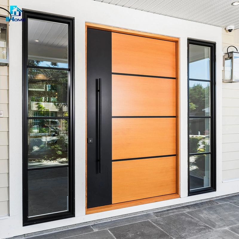 Front Entry Solid Wood Glass Panels Pivot Door with Fixed Window Design