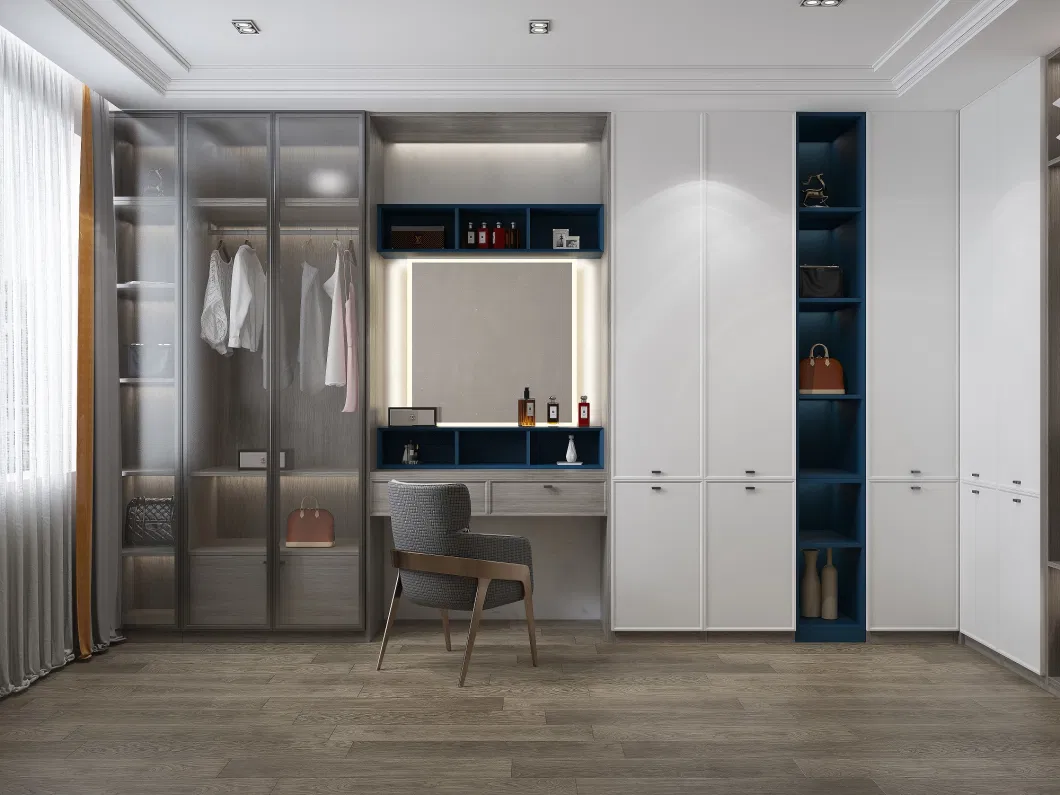 Melamine Wood Storage Walk in Closet Dressing Table LED Light Custom Wardrobe with Drawers Solid Wood Modern Armoire Bedside Table Bedroom Home Furniture Sets