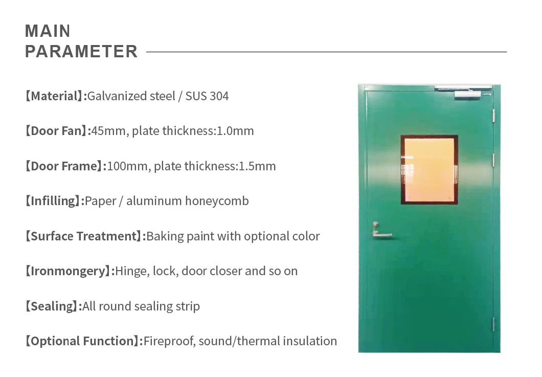 Hotel Mall Commercial External Single Swing Leaf Fire Prevention Security Galvanized Steel Fire Front Main Entrance Safety Door with Glass Vission