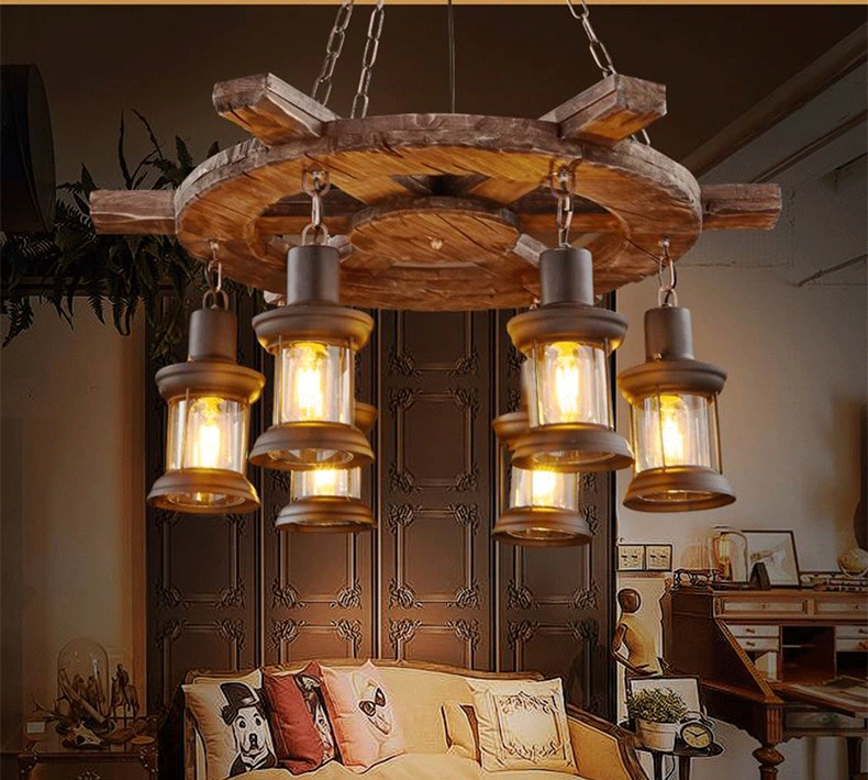 Nordic Industrial Style Interior Decoration Wooden Wrought Iron LED Lighting Chandelier