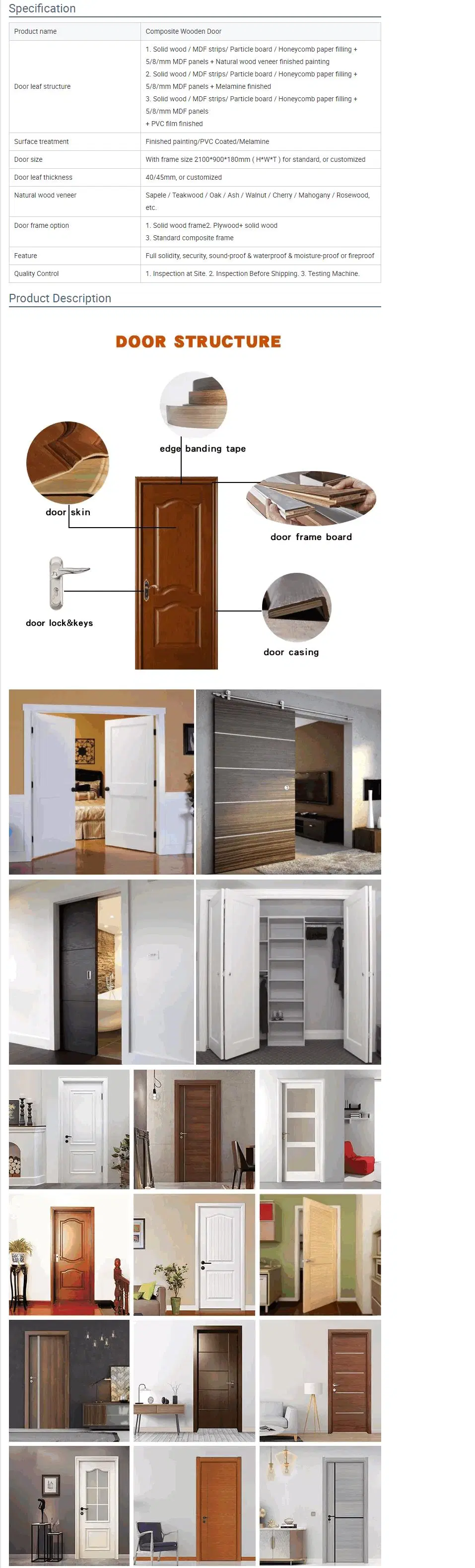 Modern Design Door Internal Bedroom Waterproof WPC PVC Solid Interior Wooden Doors