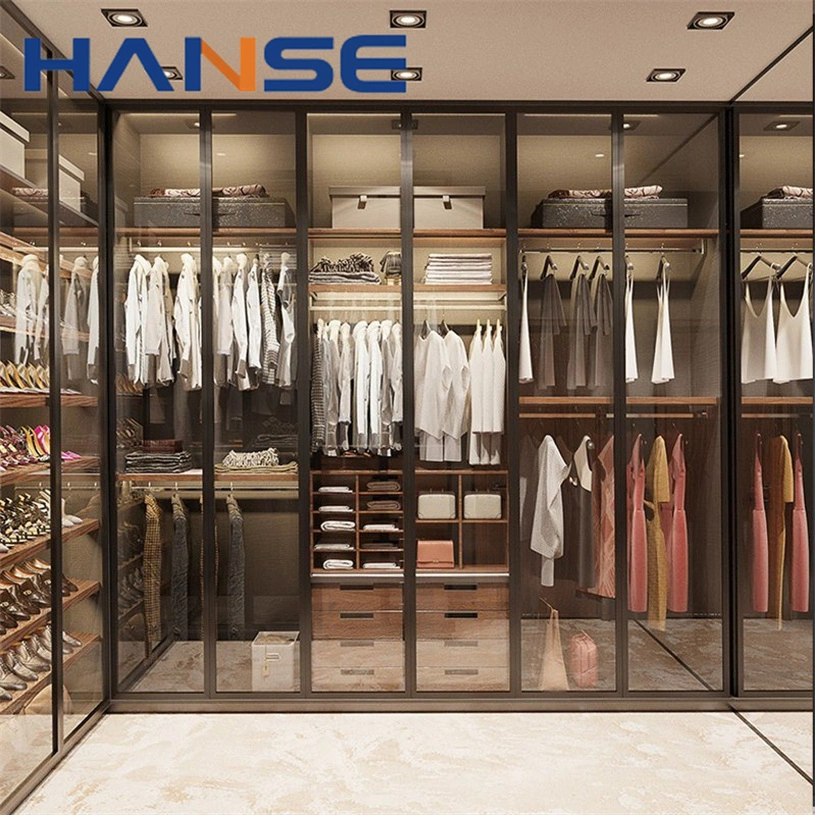 Custom High Quality Wood Melamine Wardrobes Aluminum Frame Glass Door Walk in Closet