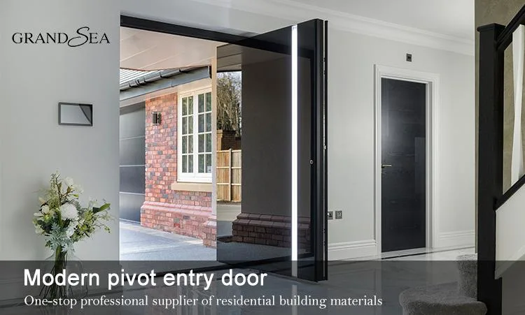 Villa Luxury Custom Black Glass Mirror Solid Wood Entrance Stainless Steel Entry Front Modern Pivot Door for House
