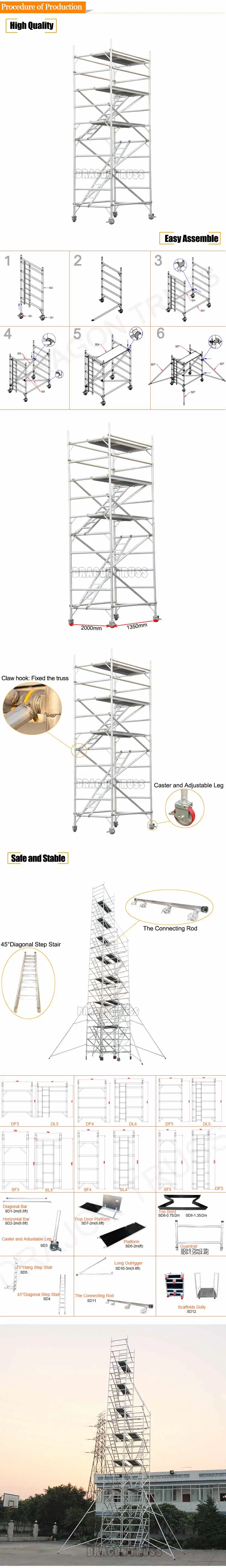 Dragonstage Aluminum Step-Stair Scaffolding and Ladders Frame System Scaffold Mobile Scaffolding Portable Staging Scaffold for Construction