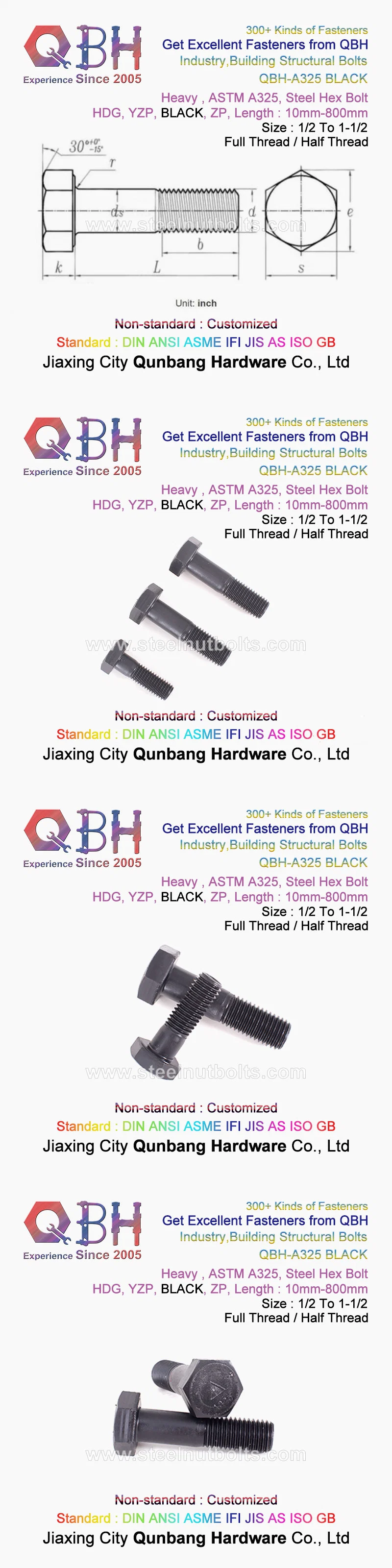 Qbh Building Materials ASTM A325/A325m Hex Bolt +A563m Nut + F436/F436m F959/F959m Flat Washers Steel Structure Combo Assembly Set Fasteners