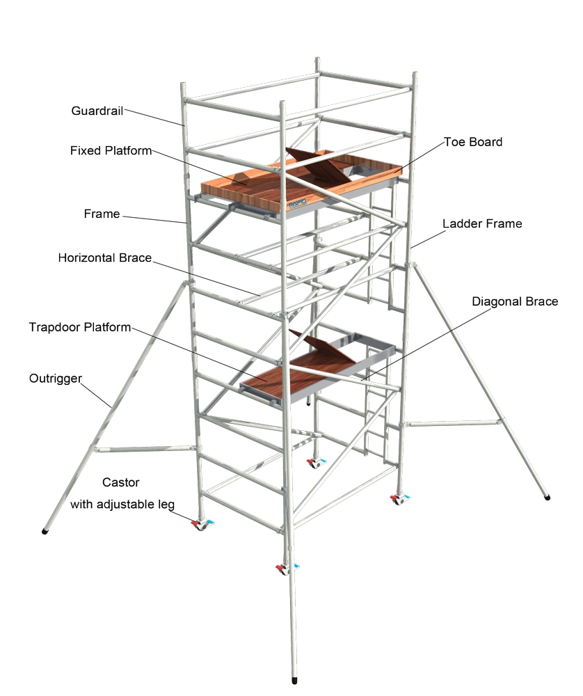 Scaffolding All Aluminum Mobile Tower with Wheels 2-12m Multipurpose Aluminum Scaffold Tower Platform 6061-T6 Single Double Width Alu Mobile Scaffold Tower