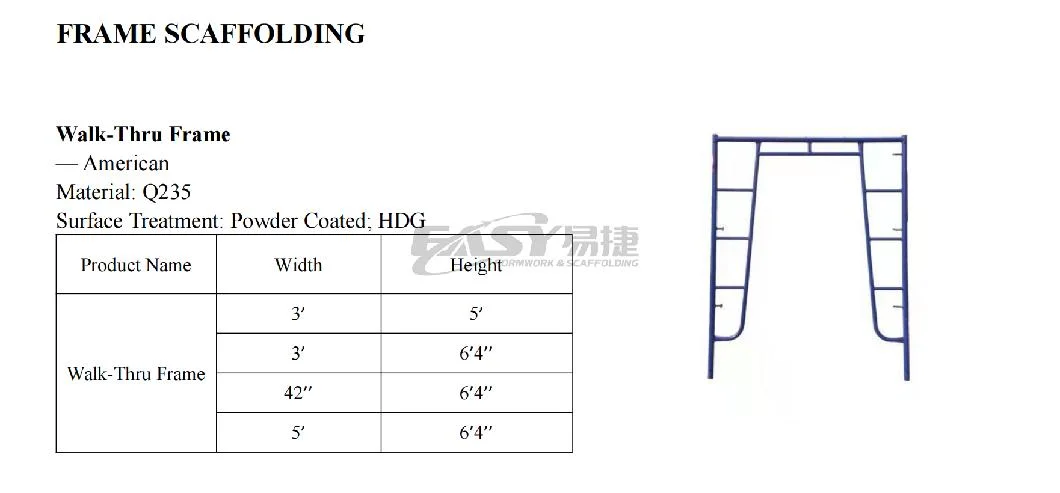 Easy American Type Powder Coated Single Walking Through Scaffold Steel Frame Scaffolding