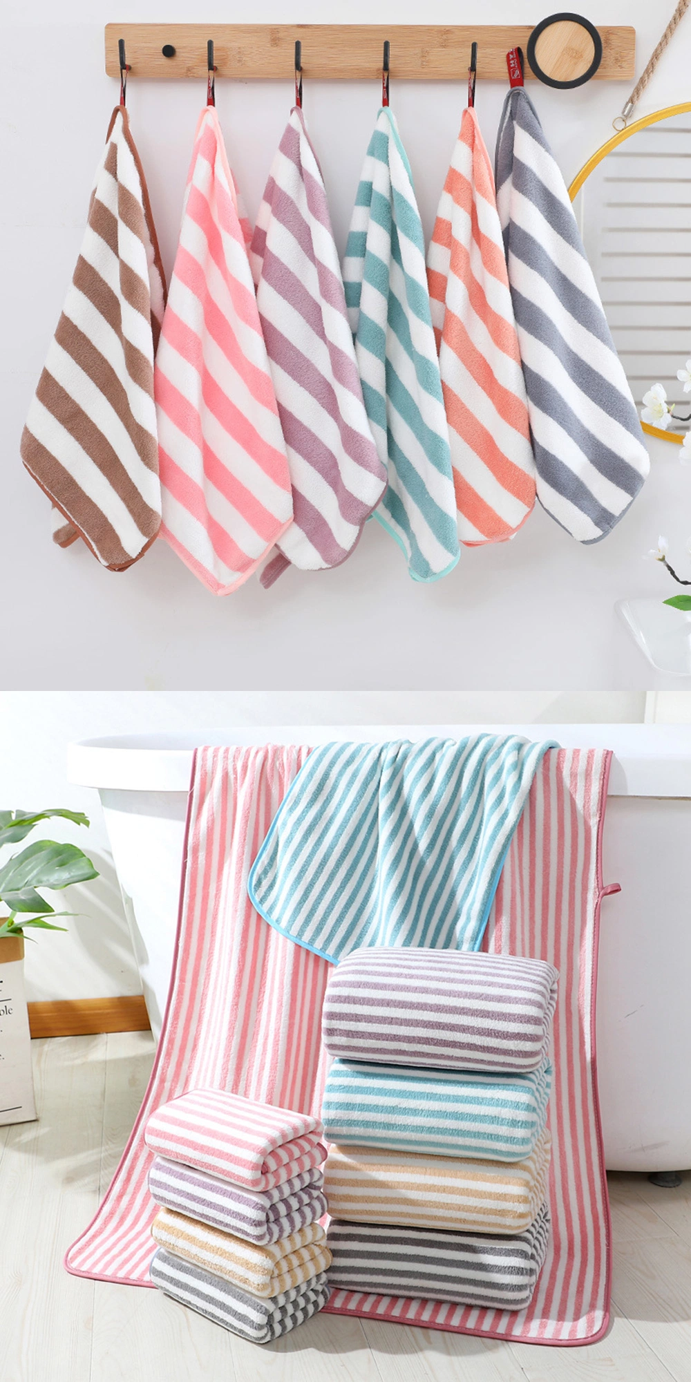 Quickly Dry Wholesale Custom Coral Velvet Soft Absorbent Stripes Bath Towel