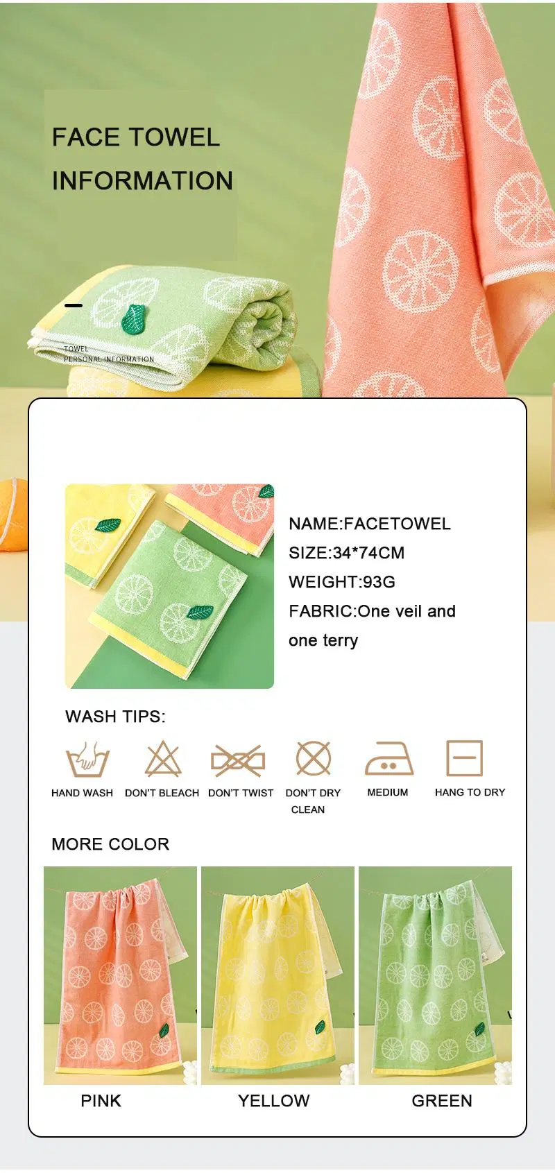 Cute Lemon Small Fresh Face Towel Double Layers Soft and Thick Towel for Adults and Kids Gift Towel