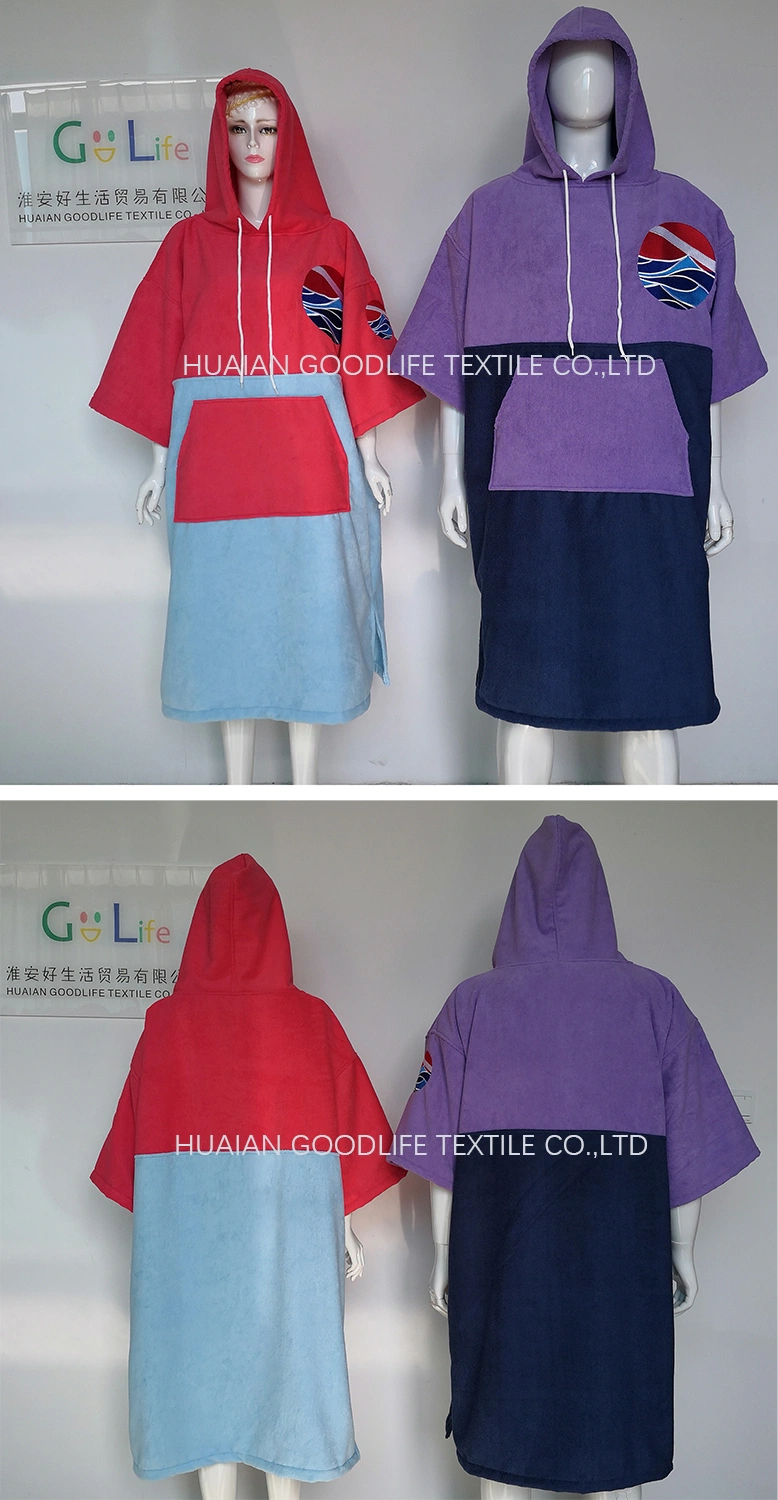 Wholesale Custom Logo 2 Toned Color 100% Cotton Microfiber Adult Beach Surf Hooded Poncho Towel