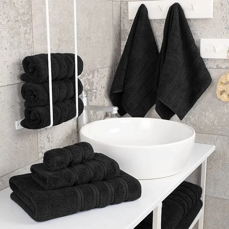 Private Label 100% Cotton Black Custom Logo Bamboo Face Bath Towel