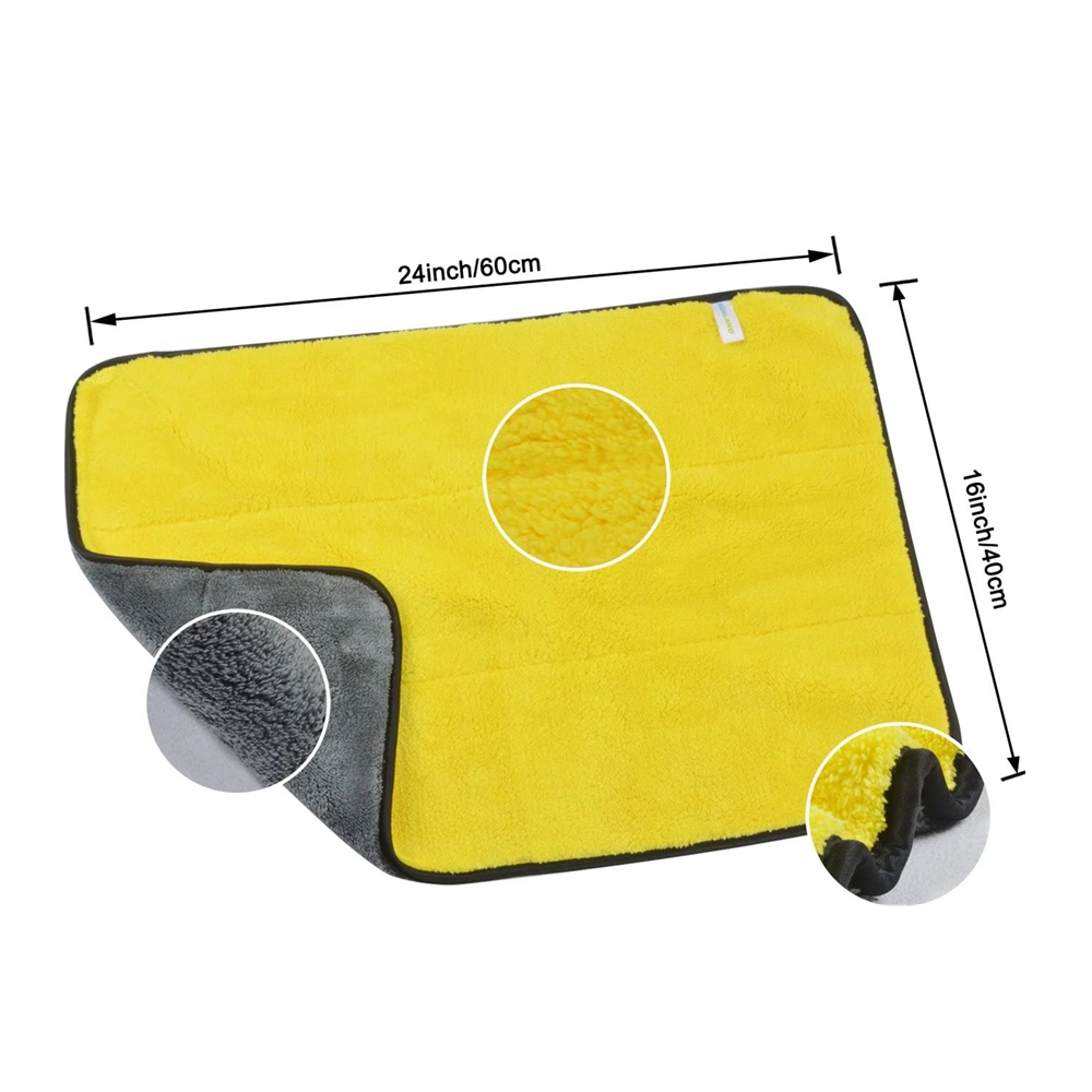 600GSM Yellow and Grey Super Plush Detailing Car Wash Cleaning Drying Two Layer Composited Microfiber Coral Fleece Towel