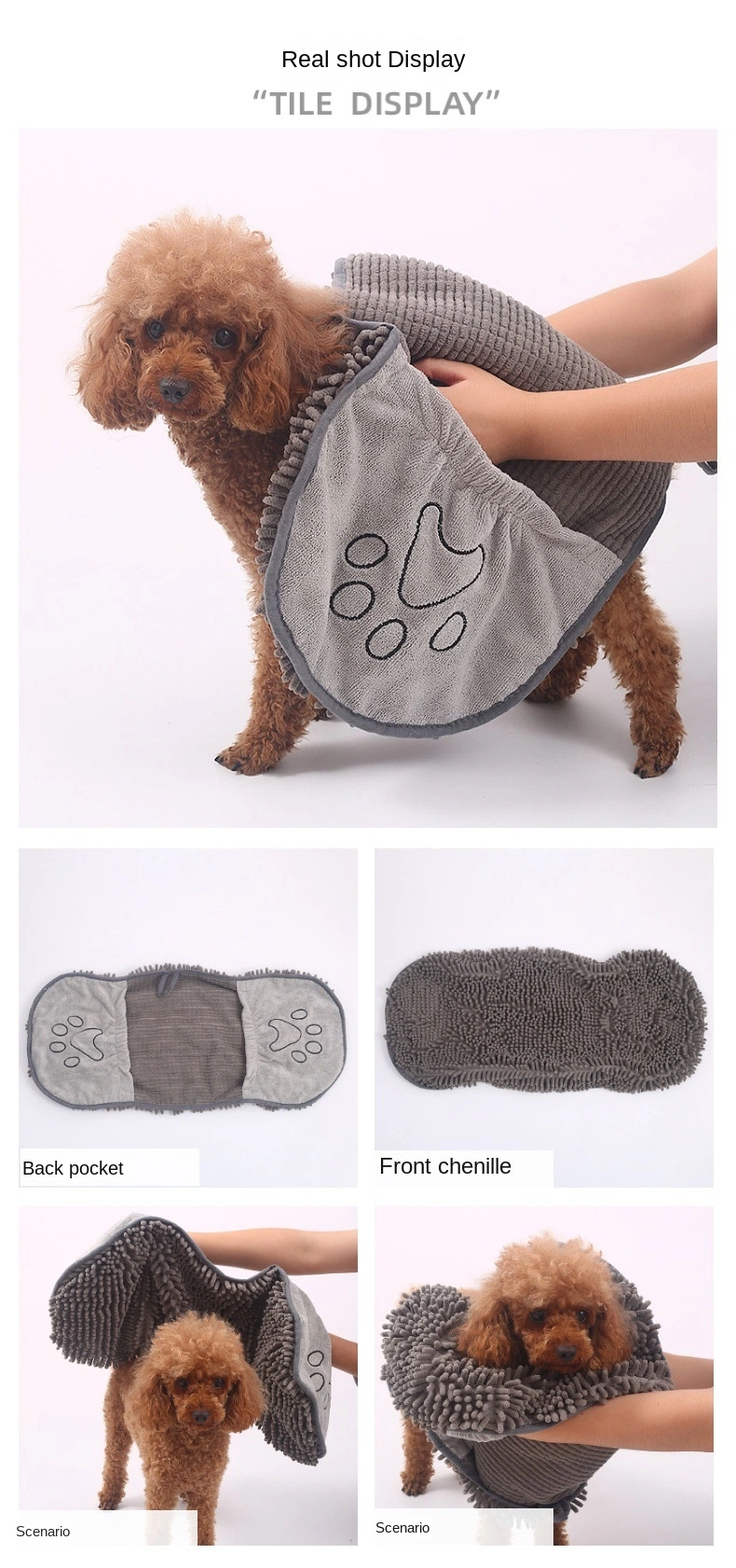 OEM Customizable Comfortable and Soft Absorbent Pet Bath Towel Chenille Towel with Pockets