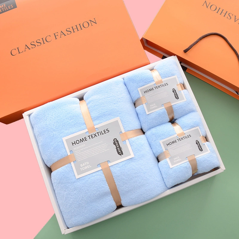 New Design Coral Velvet Face Towel Set Gift Box Small and Big Towel Custom Design Shower Bath Towel