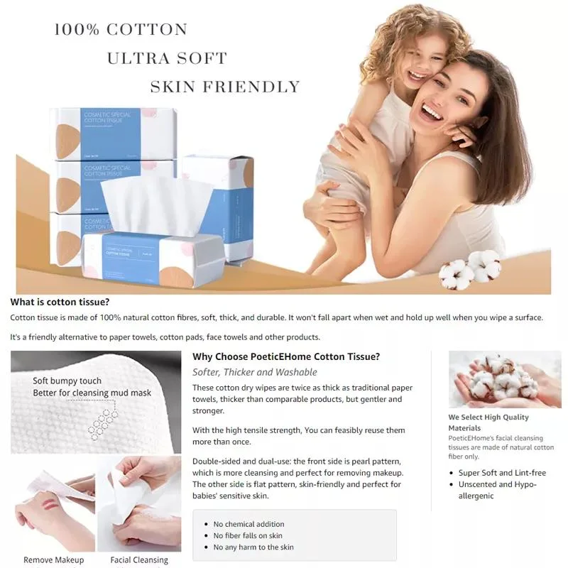 High Quality Dry and Wet Soft Cotton Tissue Cleansing Facial 100% Natural Cleansing Cotton Tissue