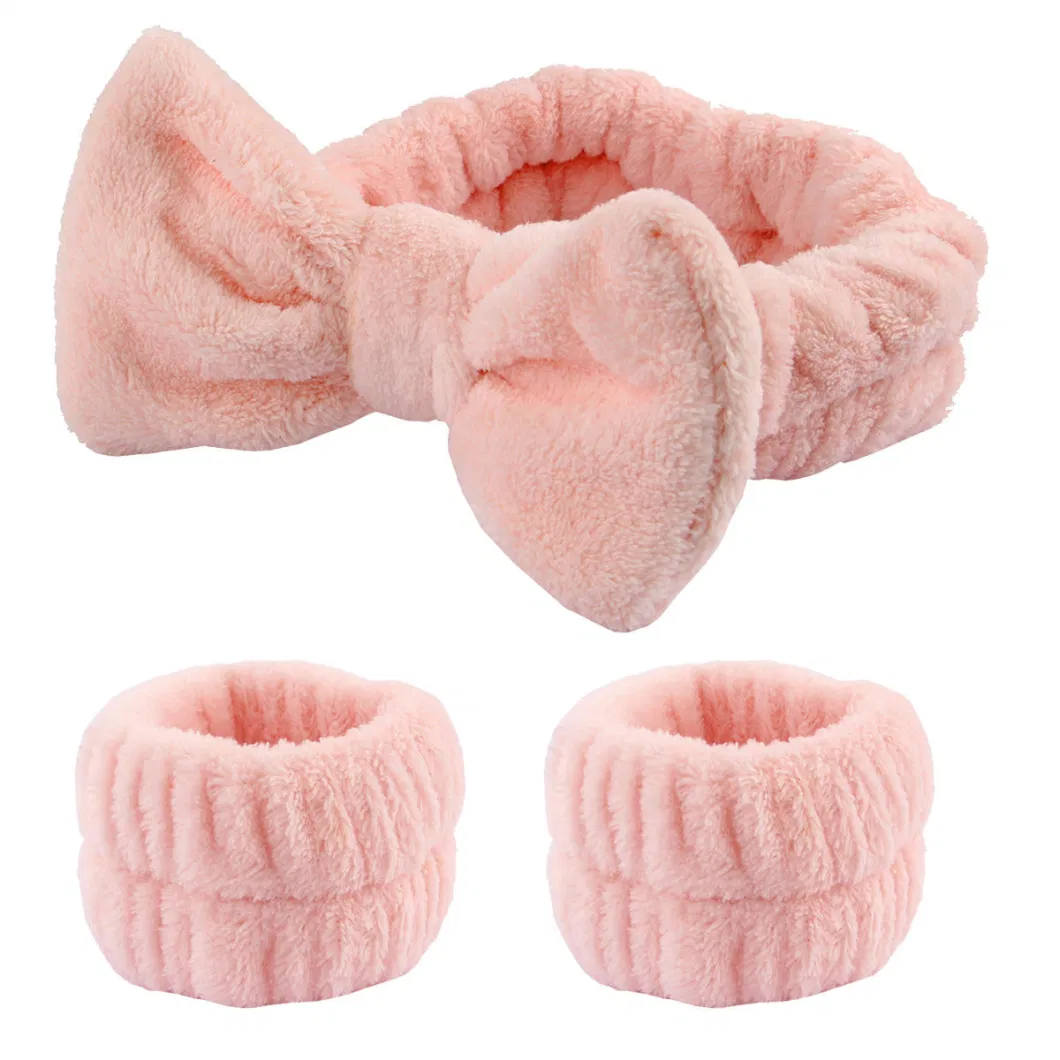 Can Custom Logo Flannel Skincare SPA Wristband Makeup Facial Wrist Washband Face Towel Wash Bow Headband Scrunchie Set for Women