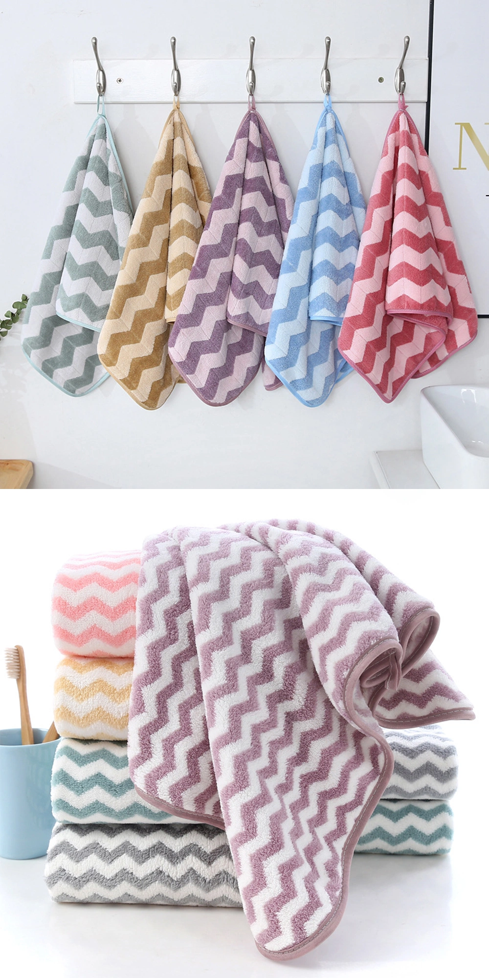 Exquisite Custom Logo Microfiber Coral Fleece Color Stripe Bath Hand Facial Towel Set
