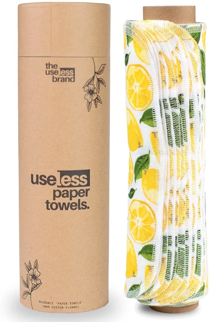 Reusable Paper Towels Roll 12 Eco Friendly Washable Cotton Flannel Towels W/ Cardboard Roll Zero Waste &amp; Sustainable Fits on All Holders