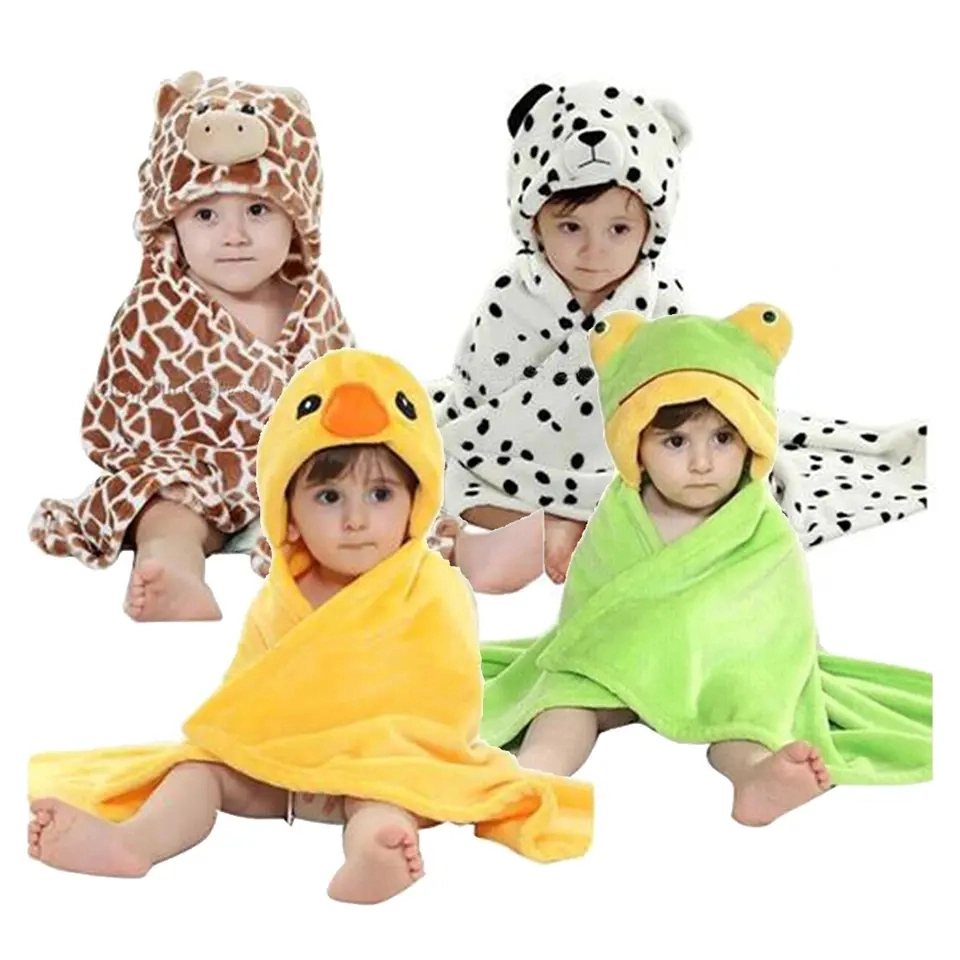 Baby Bath Towel Flannel Fleece Cartoon Animal Head Baby Hooded Poncho Towel