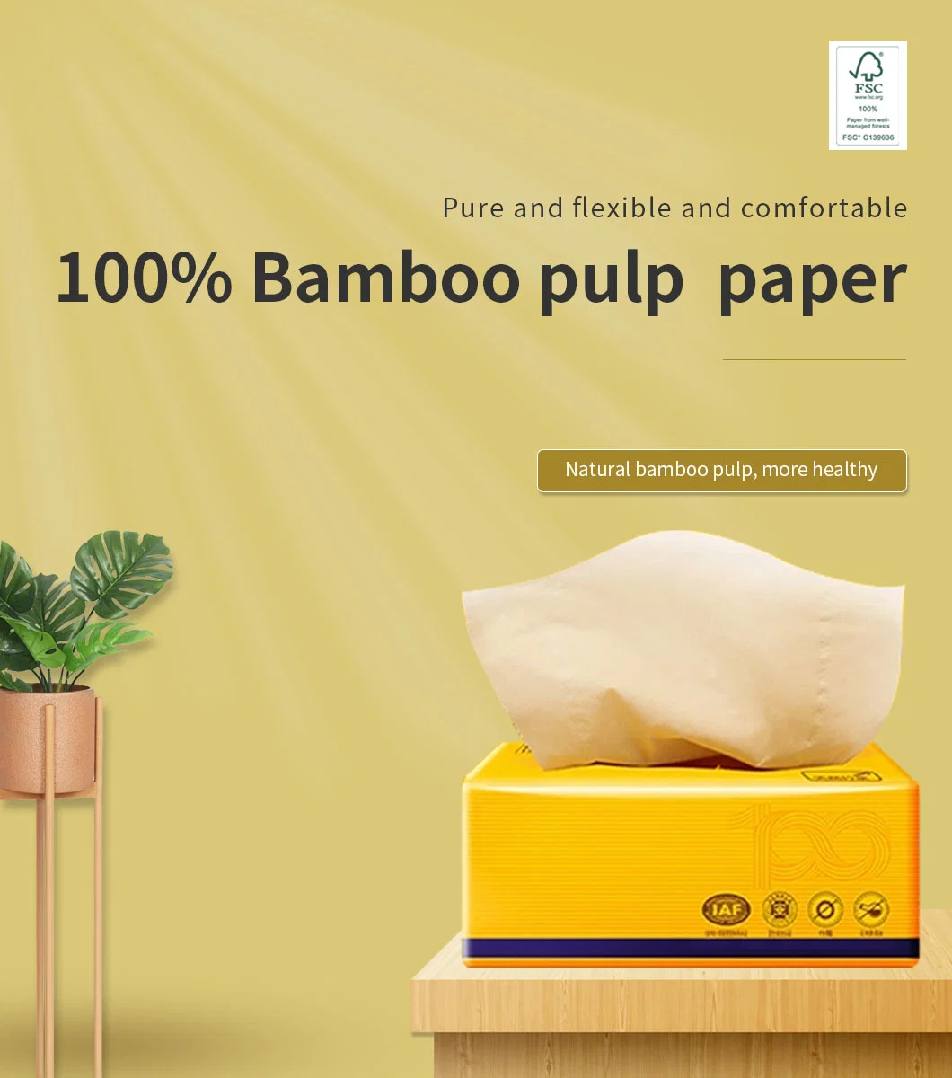 Decomposable Eco Friendly Bamboo Virgin Pulp Bleached&Unbleached 2, 3 Ply Bacteriostatic Facial Tissue Paper Hand Towel