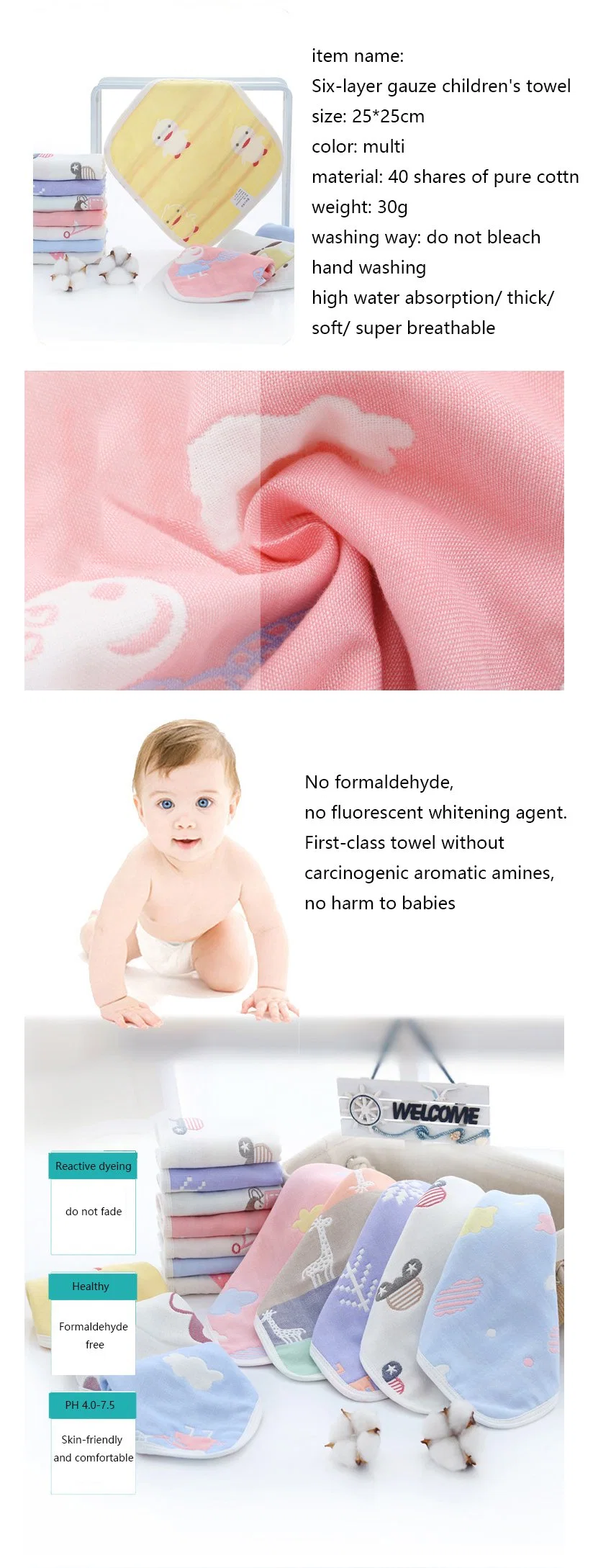 Hot Sales Ins 100% Cotton Muslin Towel Soft Baby Baby Face Towel Hand Towel