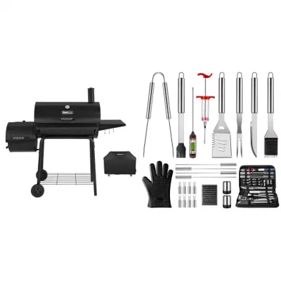 Charcoal Grill Offset Smoker with Cover 811 Square Inches Black Outdoor Camping 3 Burner BBQ Propane Gas Grill Patio Garden Barbecue Grill Two Foldable Shelves