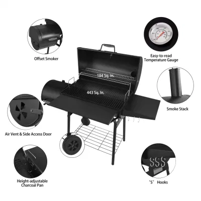 Charcoal Grill Offset Smoker with Cover 811 Square Inches Black Outdoor Camping 3 Burner BBQ Propane Gas Grill Patio Garden Barbecue Grill Two Foldable Shelves