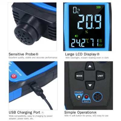 Smart Sensor Air Quality Meter Gas Monitor Digital Oxygen O2 Gas Detector with Sound Light Alarm and Temperature LCD Display