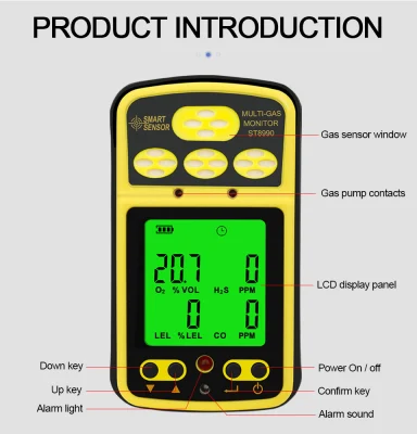 Gas Monitor 4 in 1 Carbon Monoxide, Hydrogen Sulfide, Oxygen, Combustible Gas Gas Detector Rechargeable Alarm Gas Analyzer with Backlight Alarm Function St8990