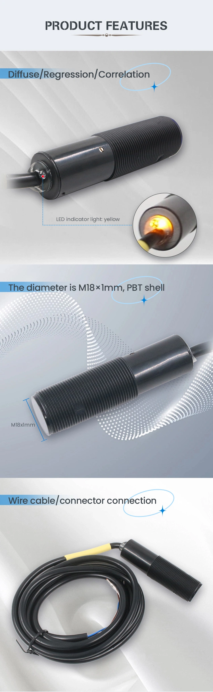 Siron Diffuse Reflection/Specular Reflection/Correlation Optional Optical Sensor M18 Photoelectric Sensors