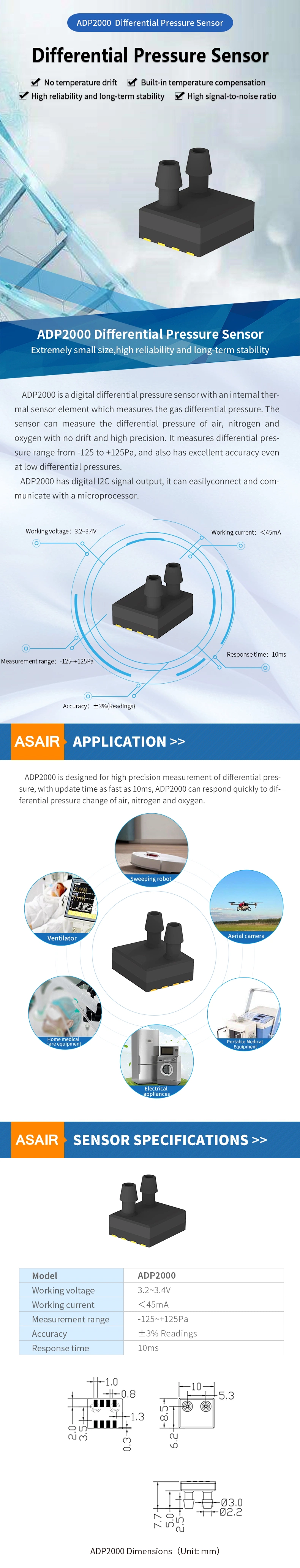 ADP2000 Differential Pressure Sensor for Gas Air Nitrogen Oxygen