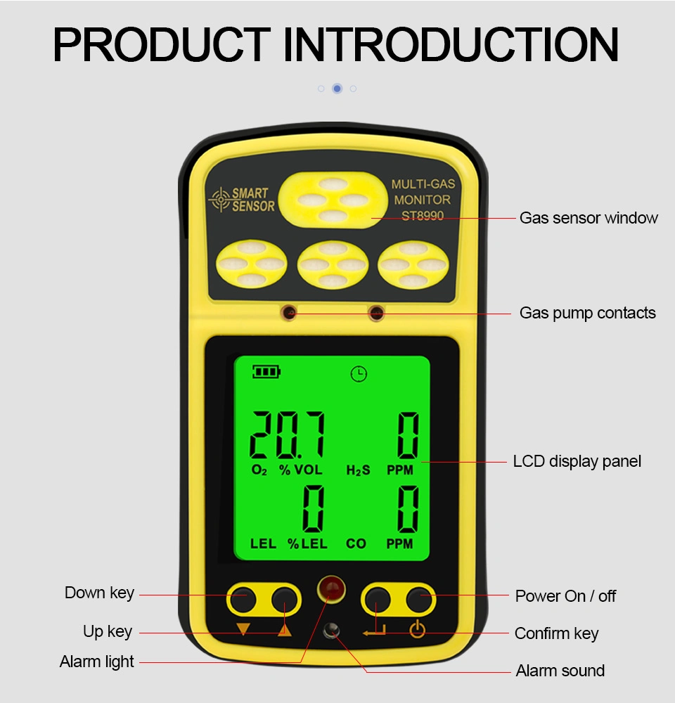 Gas Monitor 4 in 1 Carbon Monoxide, Hydrogen Sulfide, Oxygen, Combustible Gas Gas Detector Rechargeable Alarm Gas Analyzer with Backlight Alarm Function St8990