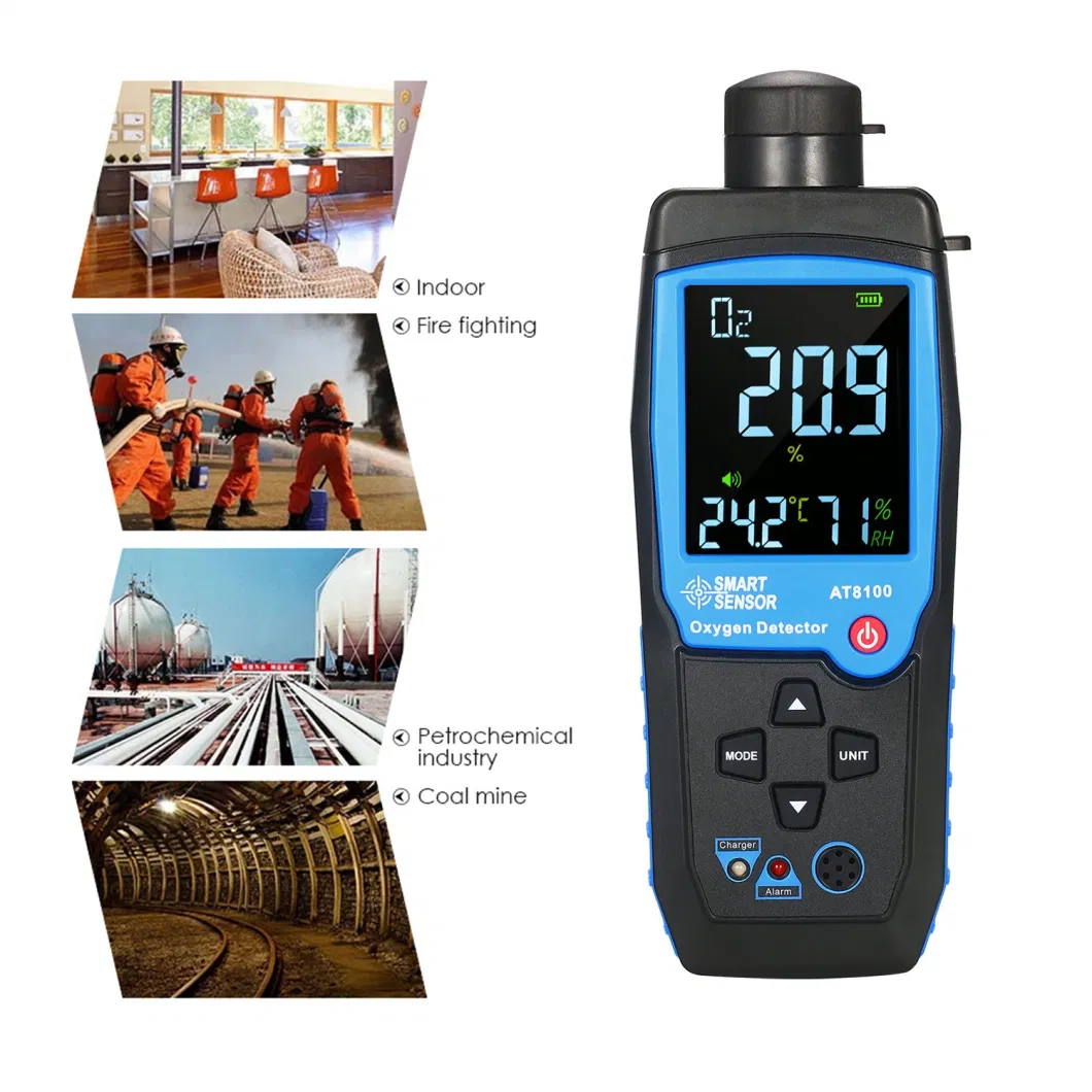 Smart Sensor Air Quality Meter Gas Monitor Digital Oxygen O2 Gas Detector with Sound Light Alarm and Temperature LCD Display