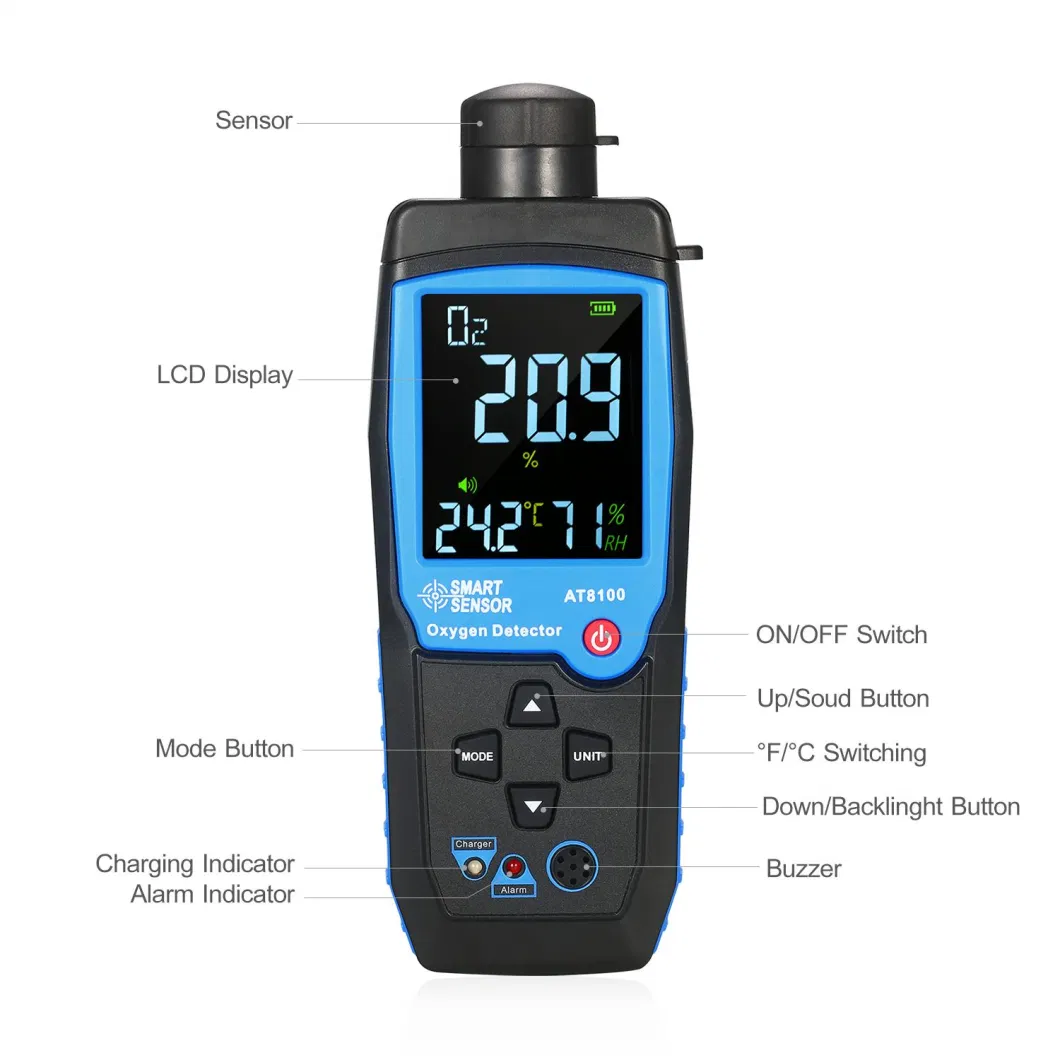 Smart Sensor Air Quality Meter Gas Monitor Digital Oxygen O2 Gas Detector with Sound Light Alarm and Temperature LCD Display