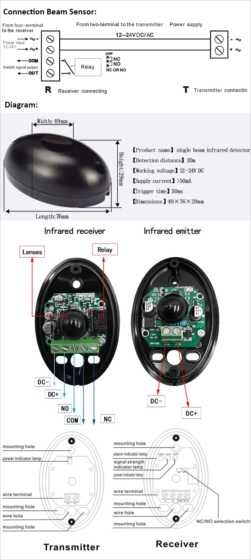 Factory Price 20m Single Beam Detector Egg Shape Infrared Detector Photoelectric Sensor