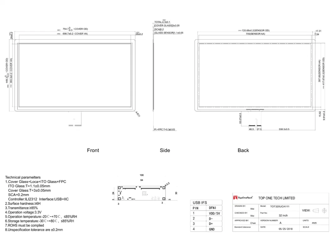 Custom OEM ODM Large 32 Inch Pcap Capacitive Multi USB Touch Screen Sensor with USB Interface for Air Optical Bonding LCD Module