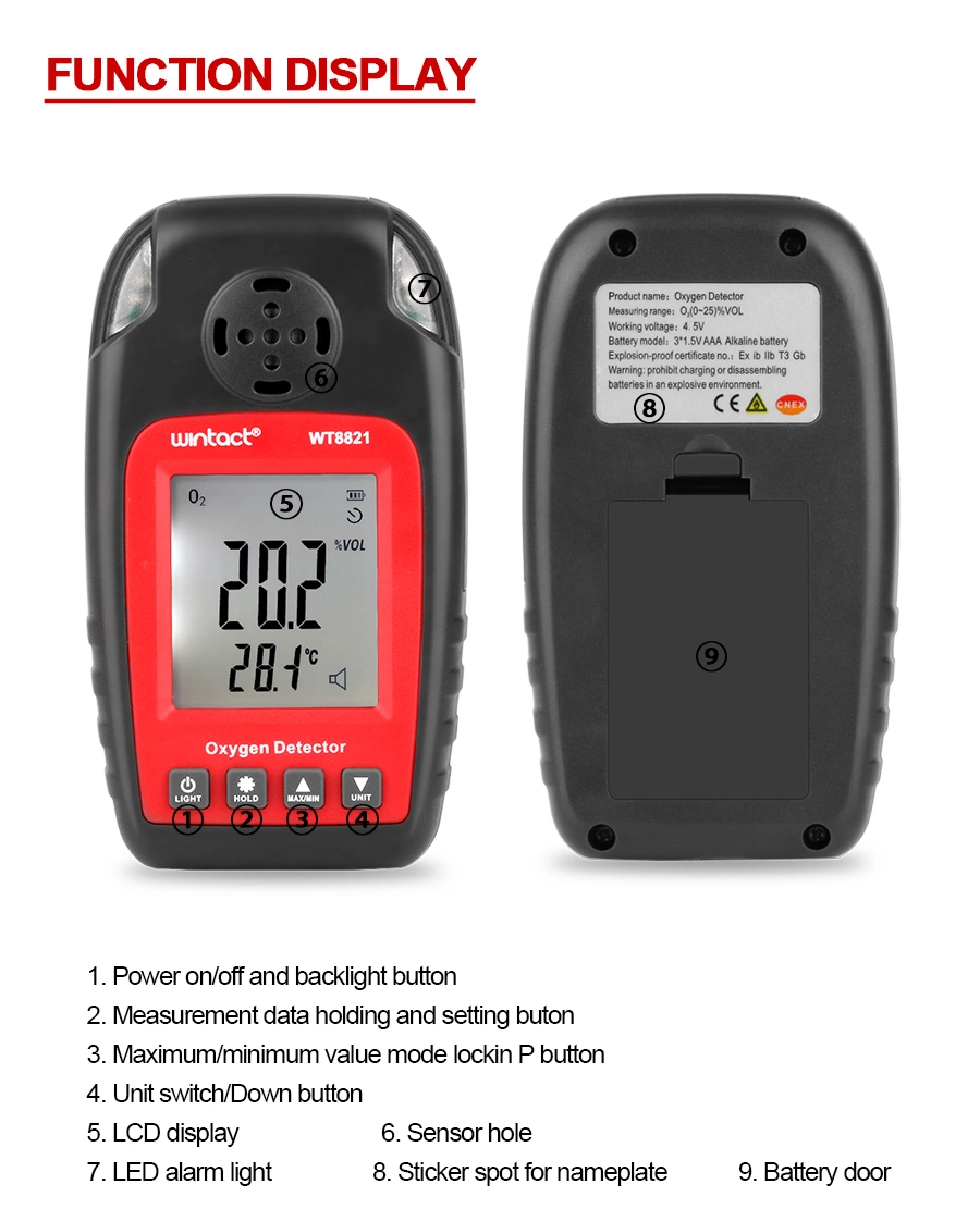 Wt8821 Oxygen Detector Independent Oxygen Gas Sensor Warning-up High Sensitive Poisoning Alarm Detector