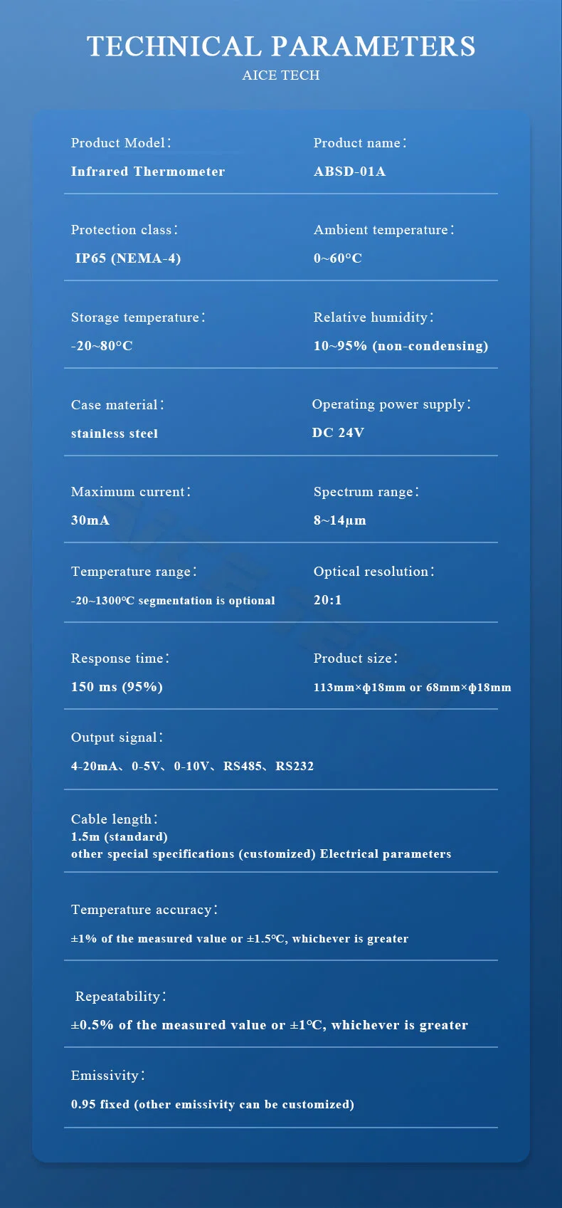 Aice Tech Industry High Range Temperature Non Contact Type IR Sensor