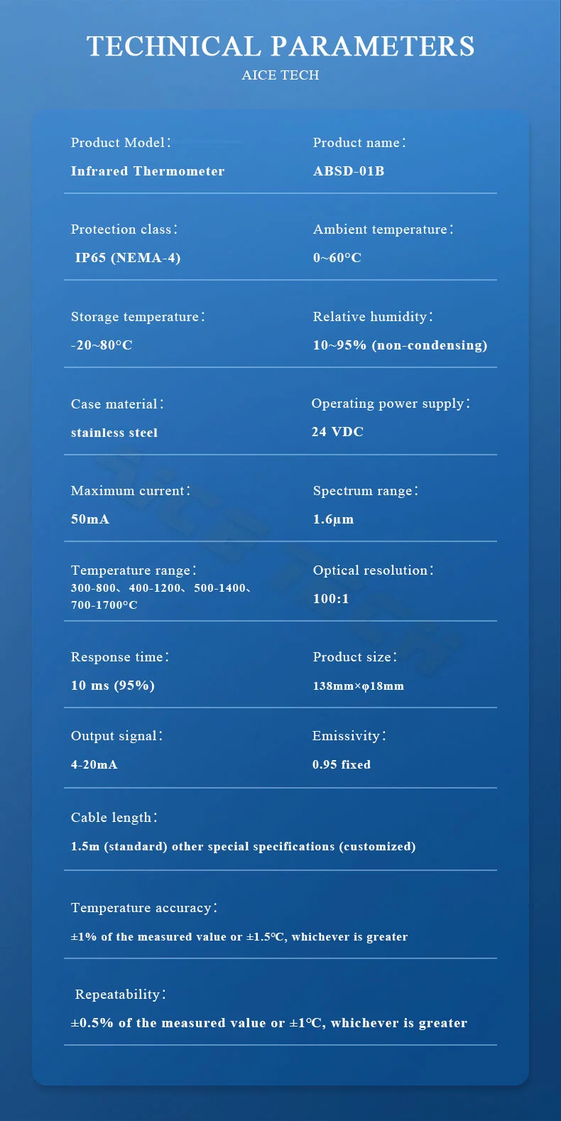 Aice Tech Industry Metal Output 4-20mA IR Infrared Temperature Sensor