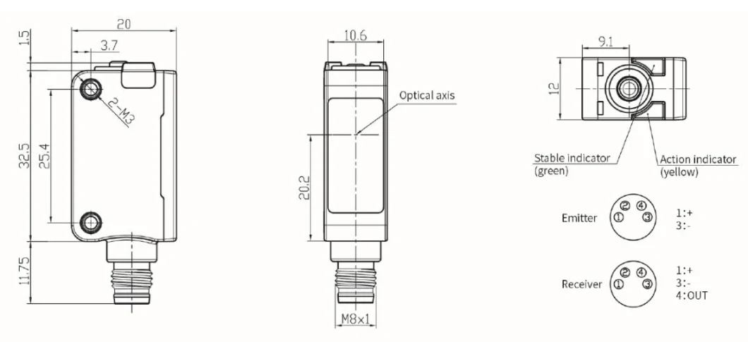 Small Plastic Square M8 Connector 5m NPN IP67 Photoelectric Sensor