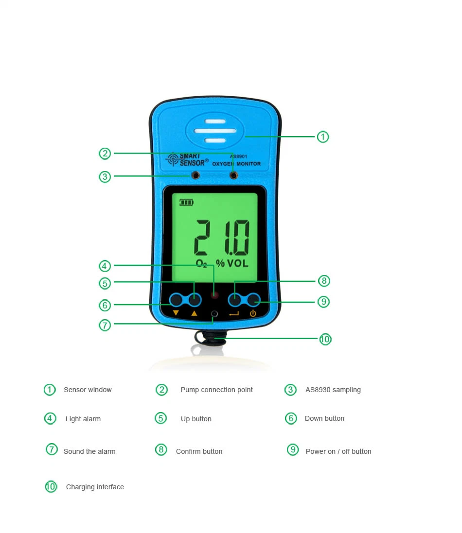 Handheld O2 Meter High Low Alarm Setting Digital Oxygen Gas Detector As8901
