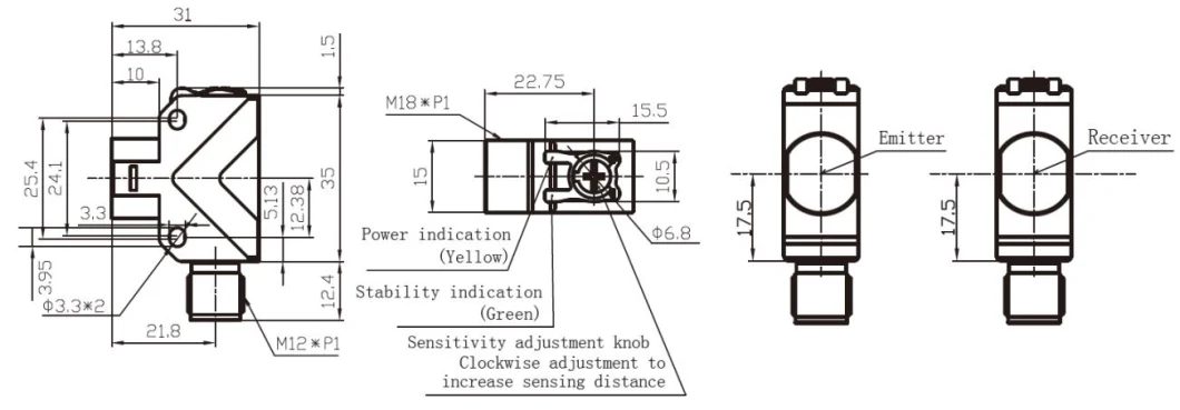 M18 Installation Plastic Square 20m Through Beam Photoelectric Sensor