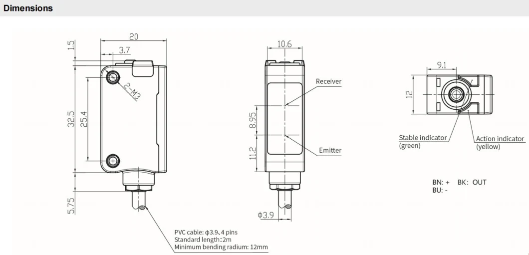 Small Plastic Diffuse Refletion Optical Sensor PSE-Bc10 10cm Wide Angle Detection