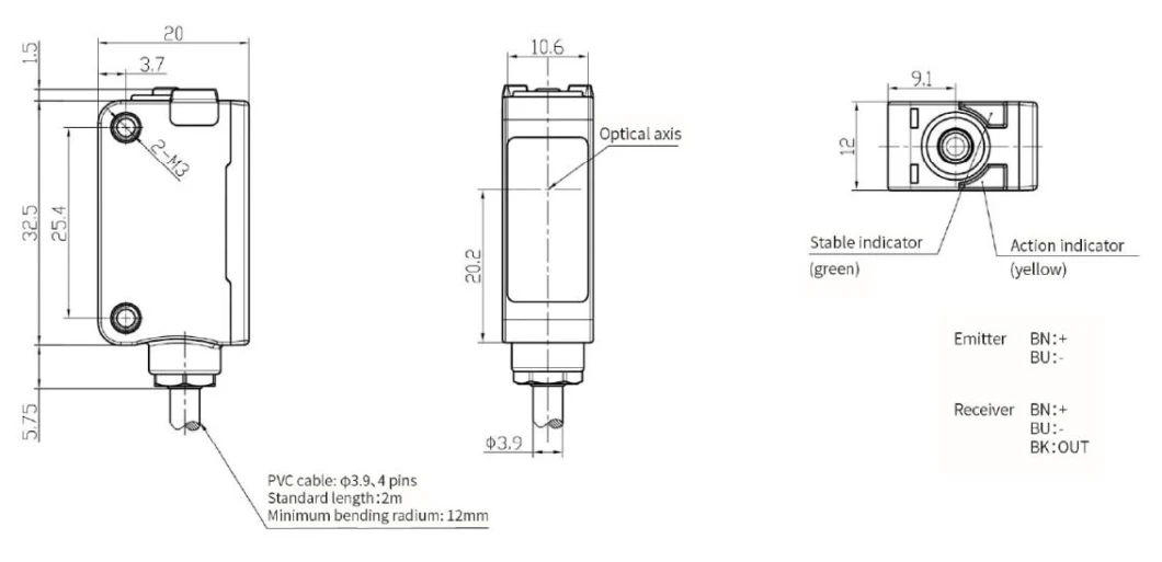 Plastic Square NPN 20m Through Beam Cable Type Photoelectric Sensor