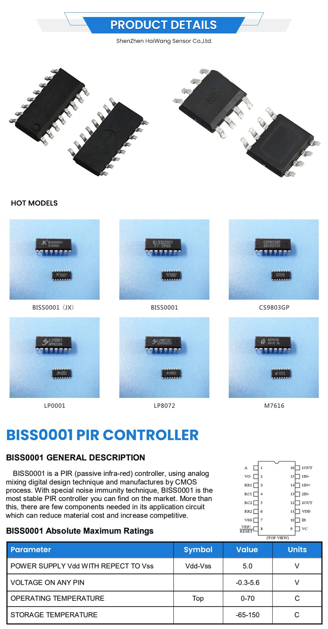 Haiwang IC Chip Electronic Components Biss0001 China Built-in Delay Time Timer Sensor Signal Processing Integrated Circuit Passive Pyroelectric Infrared Switch