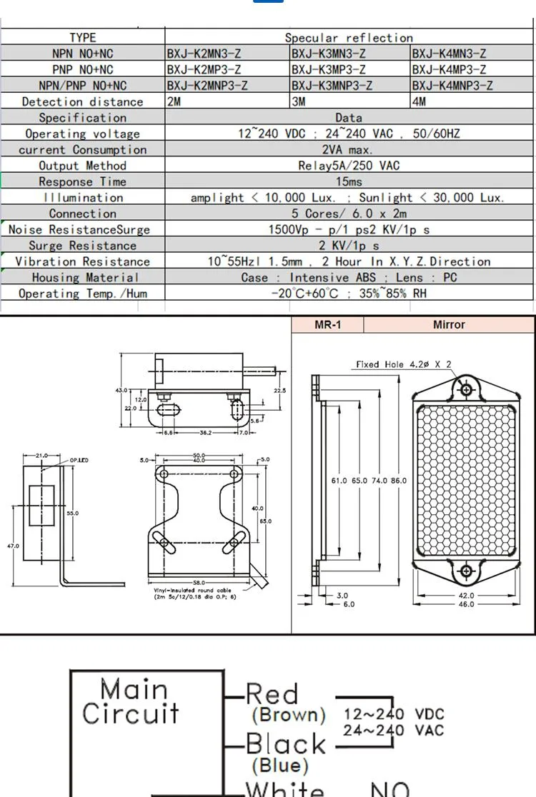 Safe and Stable Detection Distance 4m NPN Three Wire Output No+Nc Retro Reflective Optical Photoelectric Switch Sensor