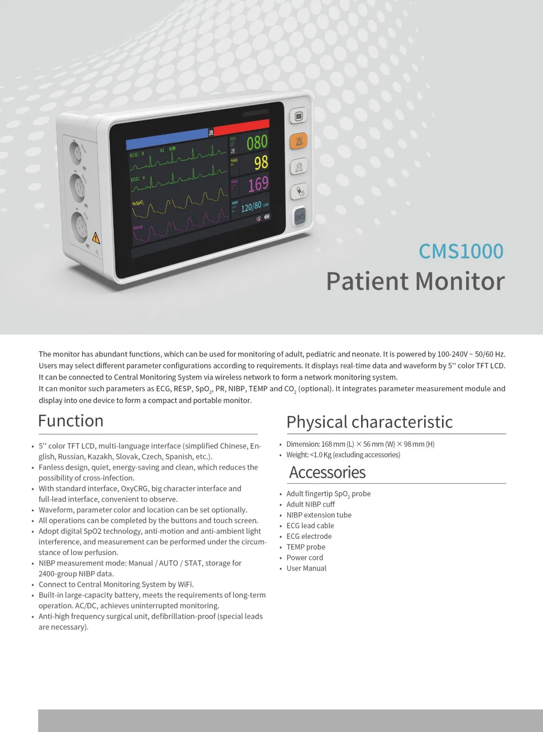 Cms1000 Patient Contec China Bedside Medical Equipment Monitors Portable Vital Signs Monitor